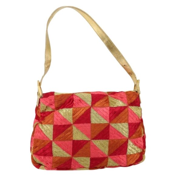 FENDI Mamma Baguette Shoulder Bag Satin Red Gold Auth 144979 - Picture 2 of 16